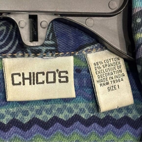 Chico’s | Women’s Mixed Artisan Blue Green Denim Jacket Coat - Picture 7 of 16